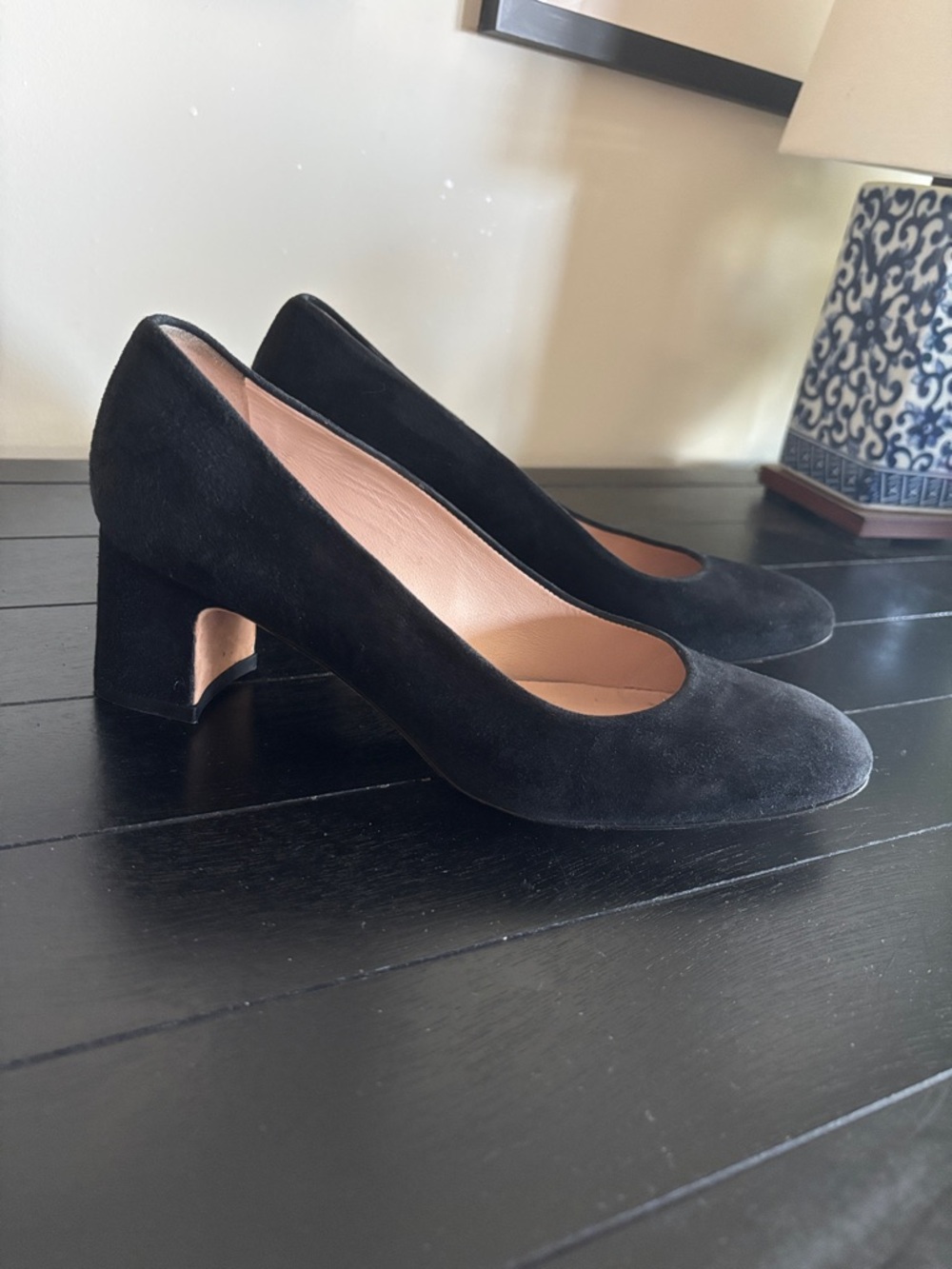 Stuart Weitzman Black Suede Mid Block Heel Pumps